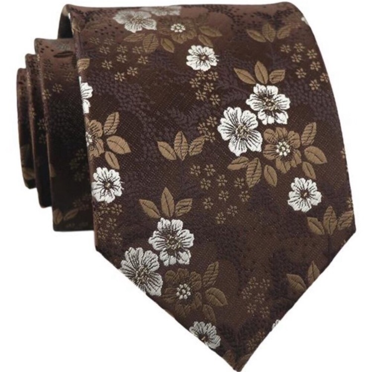 Men's Tie Cravat Jacquard Luxury Small Floral Pattern Wedding Brown